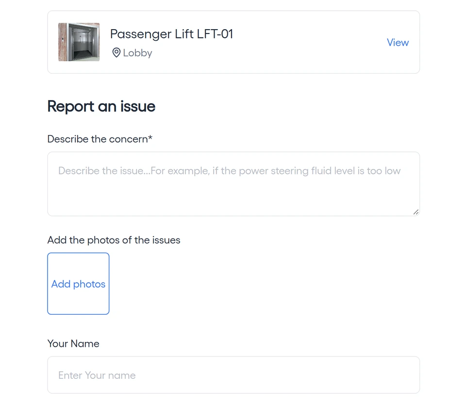The Report an issue form for Passenger Lift LFT-01 in the Lobby, with the Describe the concern, Add photos, and Your Name fields